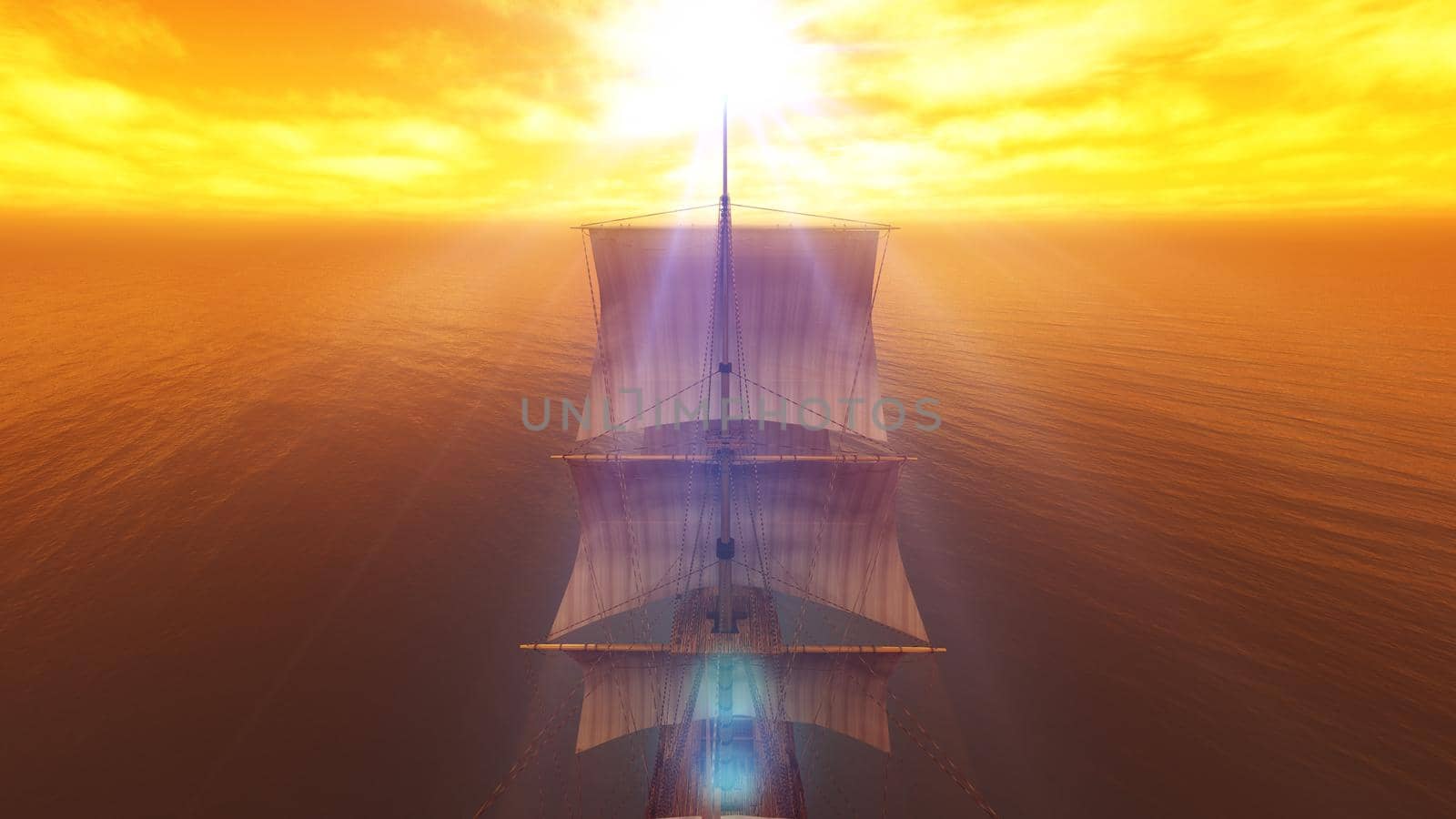 old ship sunset at sea 3d rendering by alex_nako