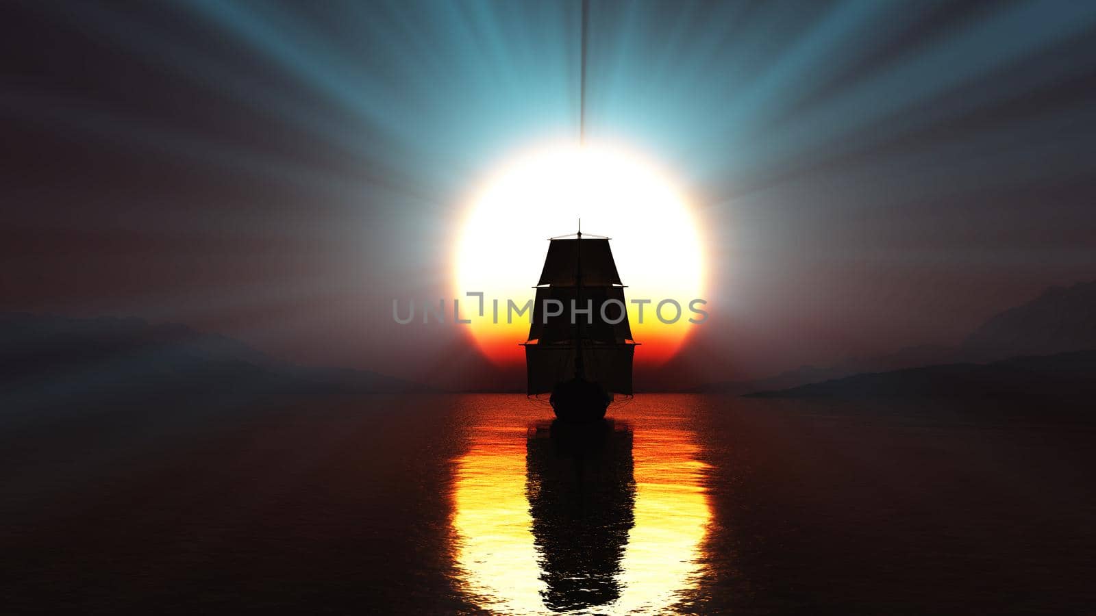 old ship at sea sunset, 3d render illustration