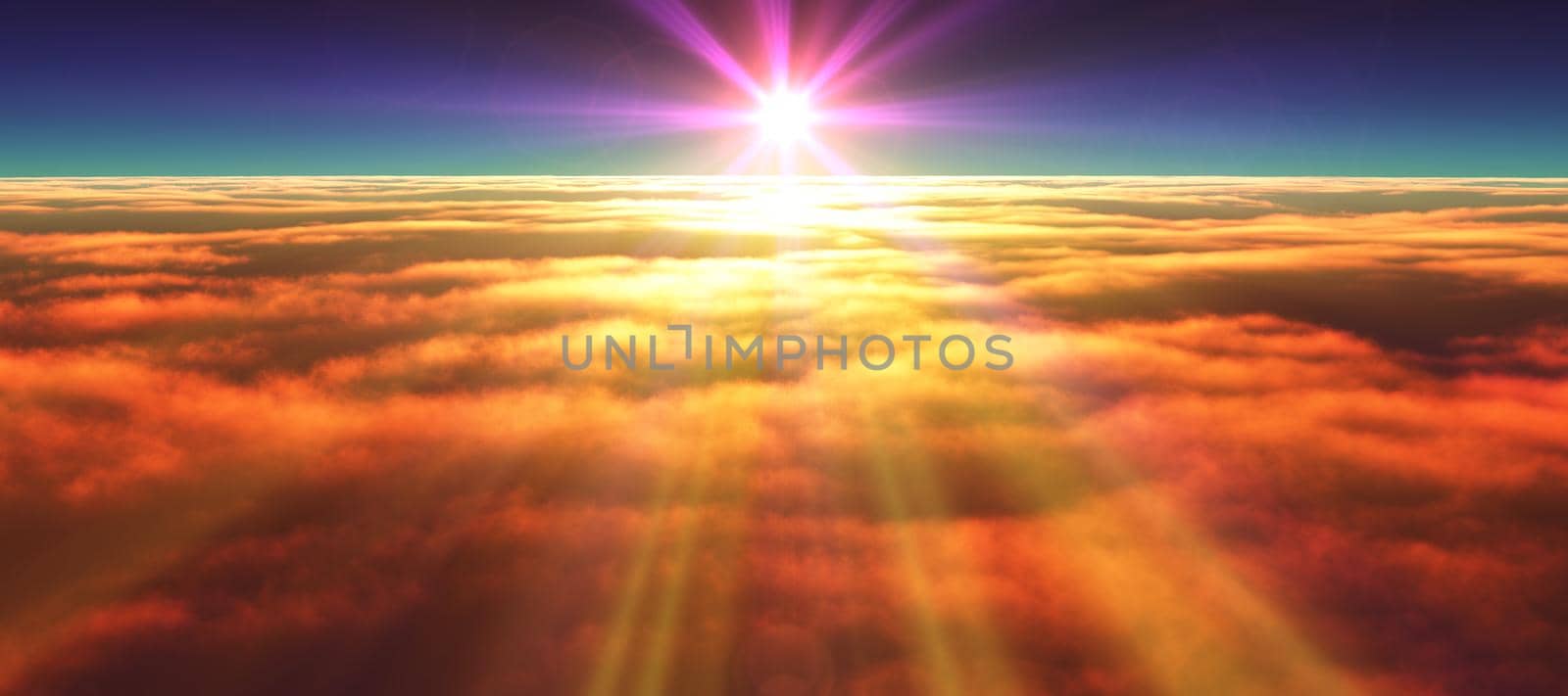 above clouds fly sunset sun ray illustration, 3d render