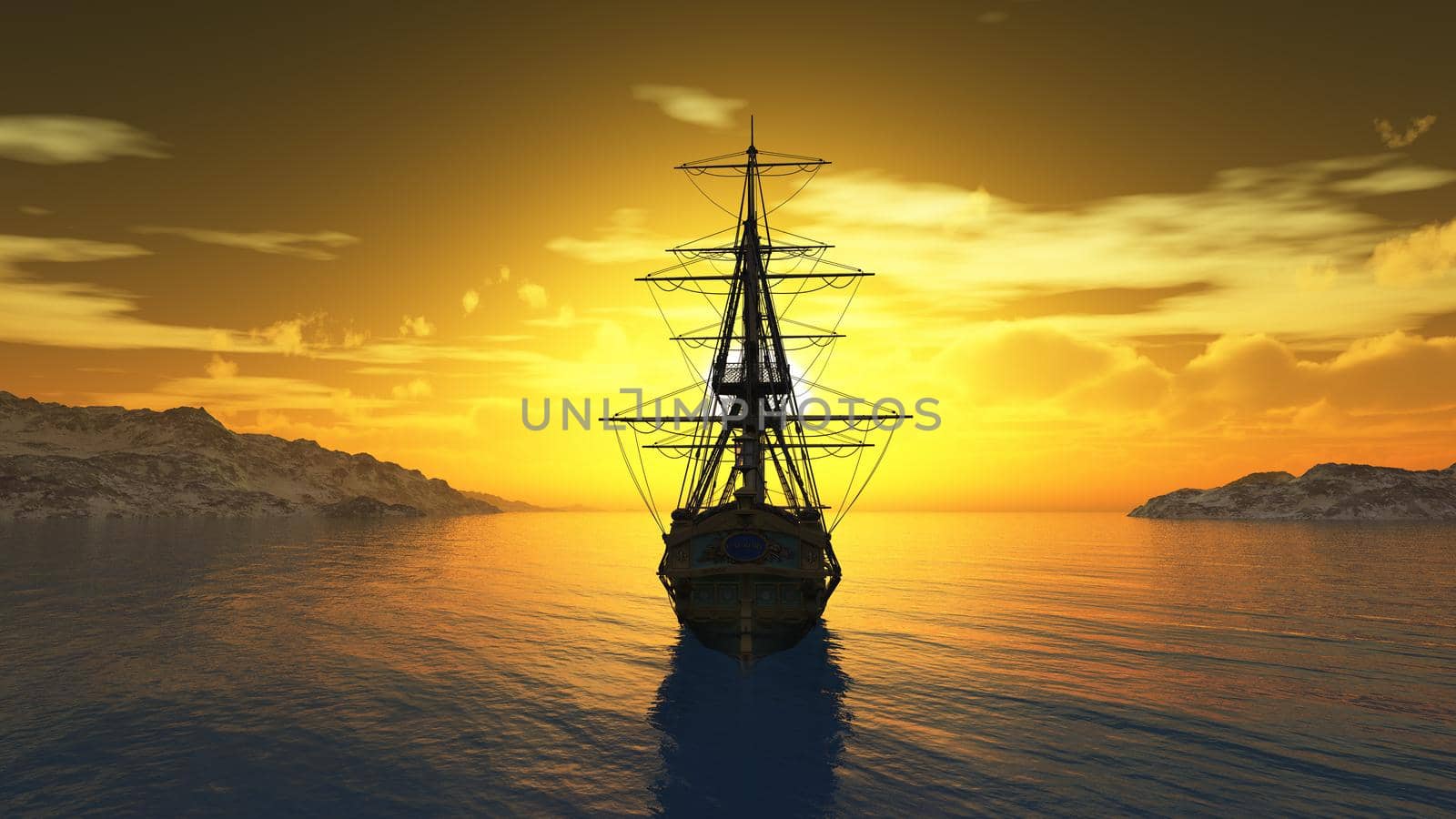 old ship sunset at sea 3d rendering by alex_nako