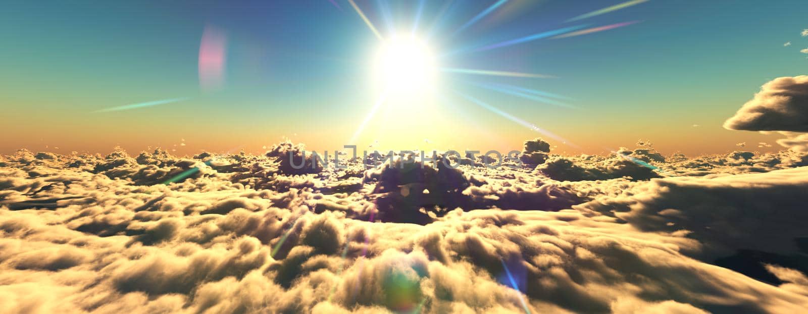 above clouds fly sunset sun ray illustration, 3d render