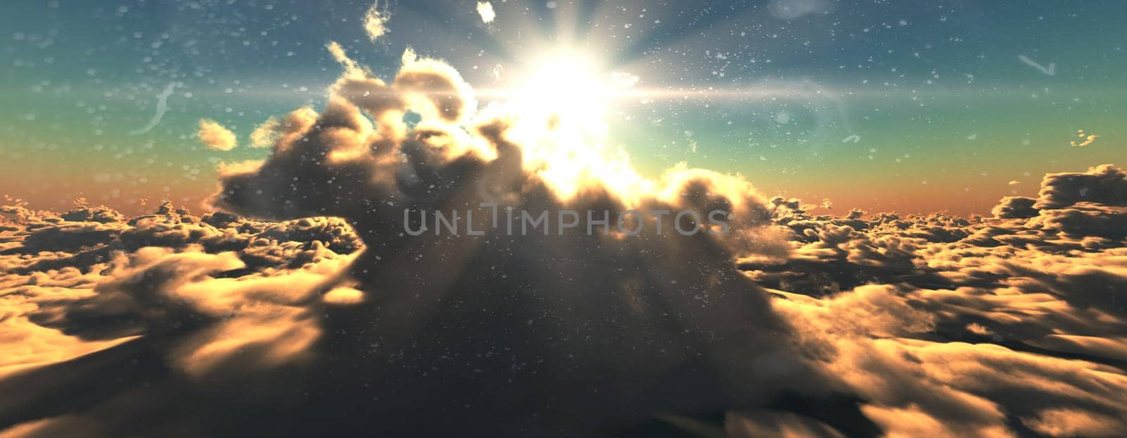 above clouds fly sunset sun ray illustration, 3d render