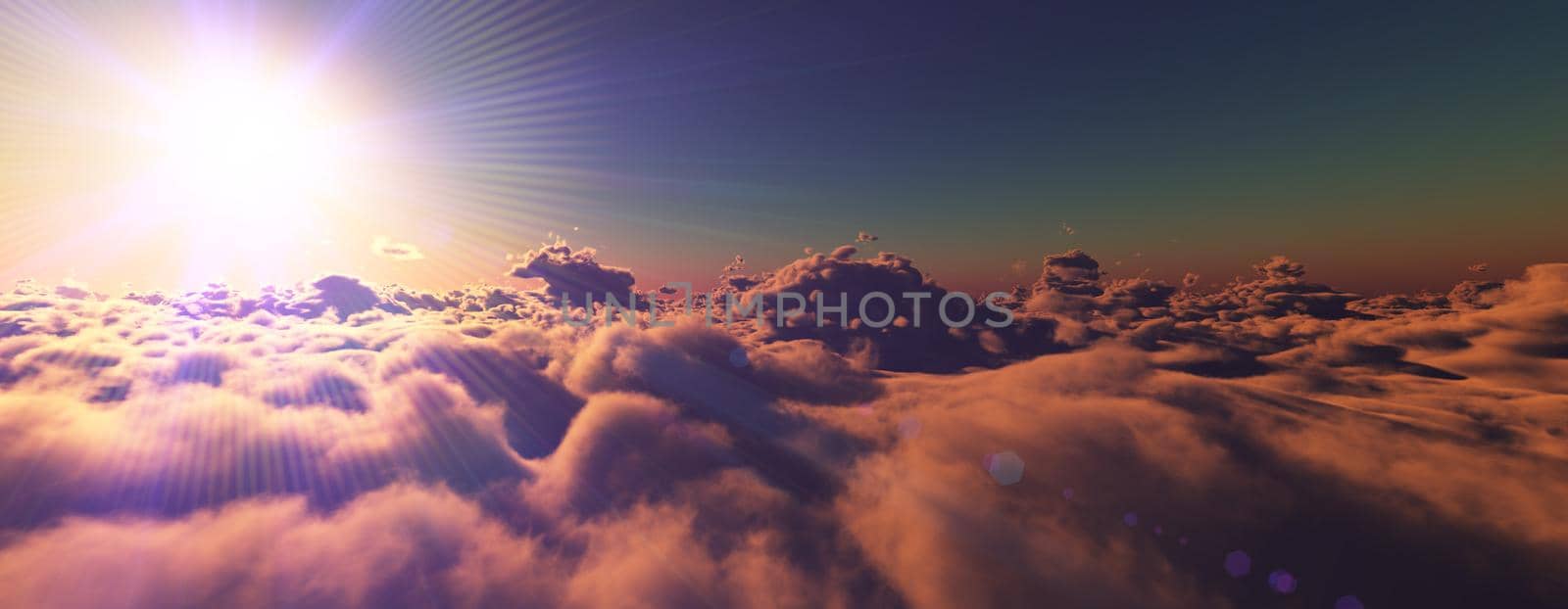 above clouds fly sunset sun ray illustration, 3d render