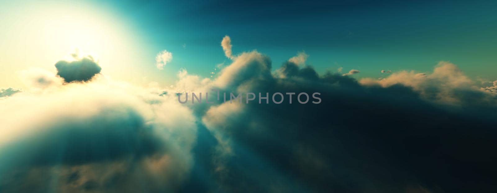 above clouds fly sunset sun ray illustration, 3d render