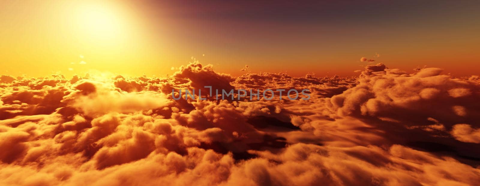 above clouds fly sunset sun ray illustration, 3d render