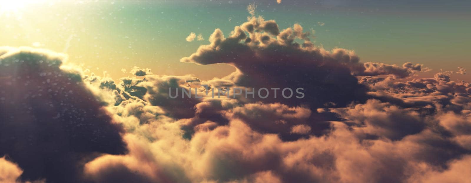 above clouds fly sunset sun ray illustration, 3d render