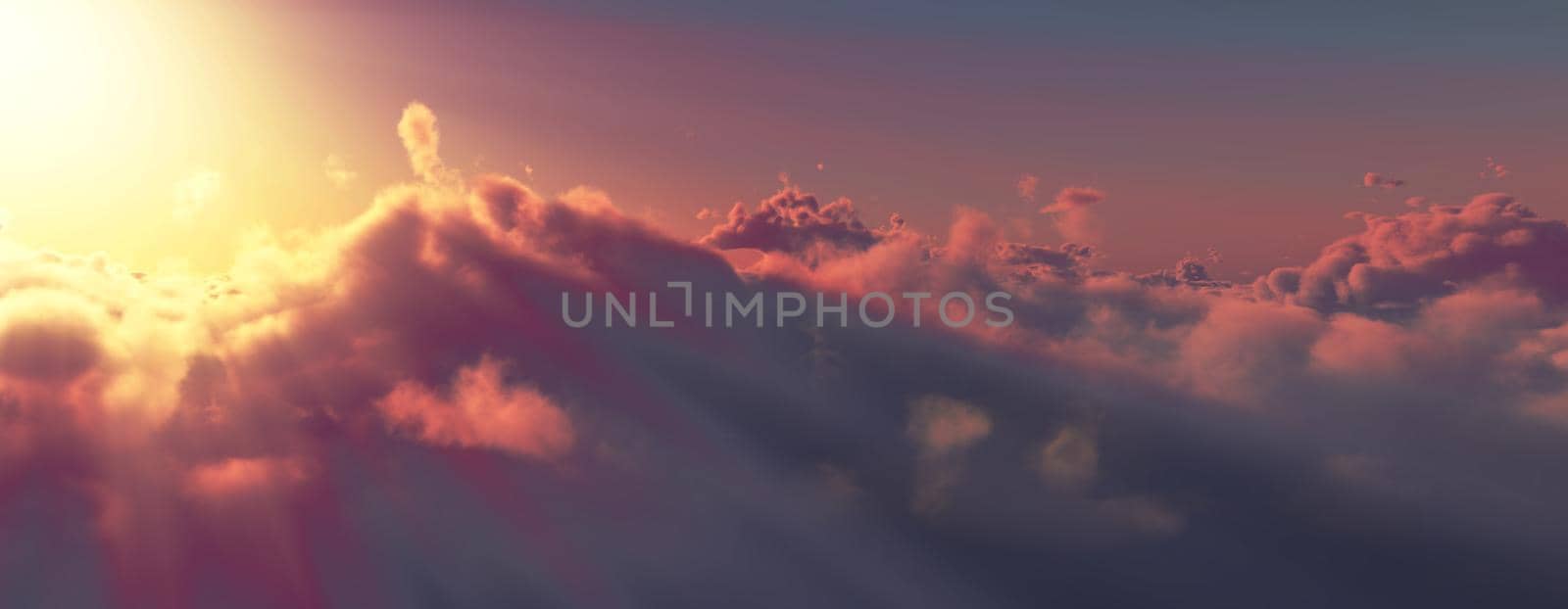 above clouds fly sunset sun ray illustration, 3d render