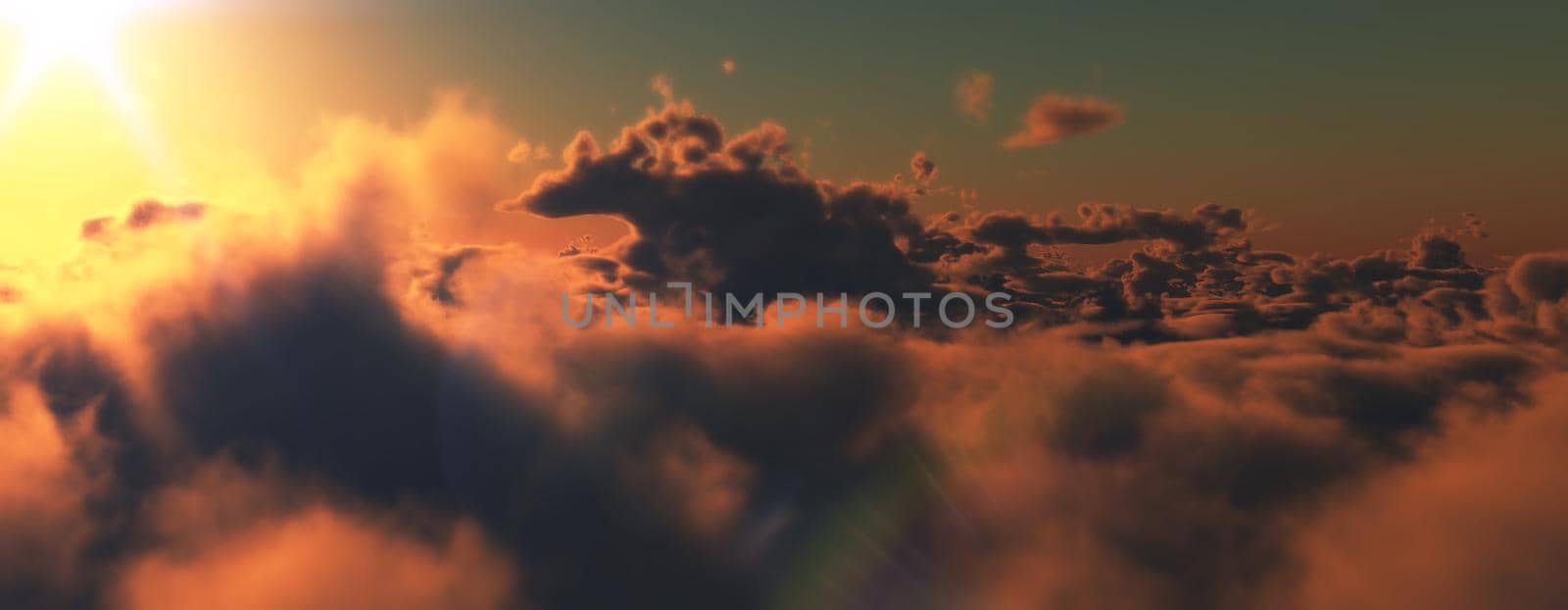 above clouds fly sunset sun ray illustration, 3d render