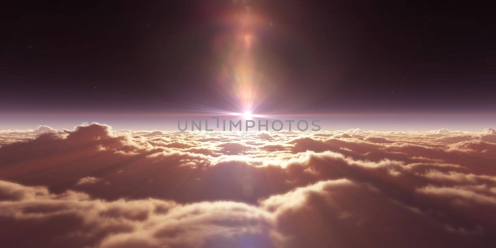 dream fly above clouds ray light, 3d rendering illustration