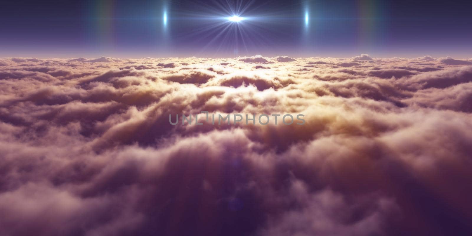 dream fly above clouds ray light, 3d rendering illustration