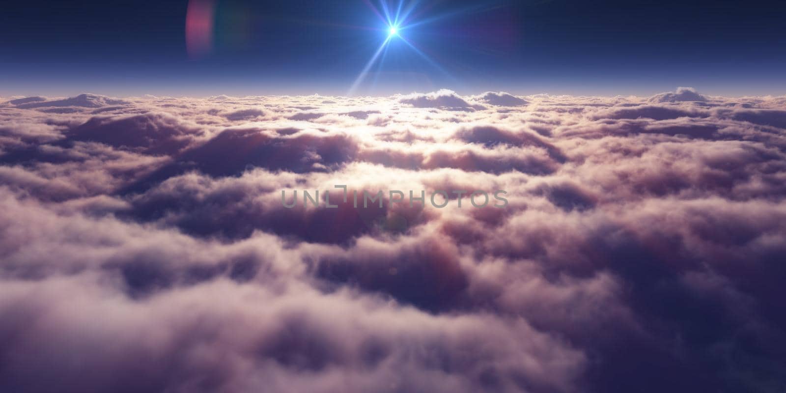 dream fly above clouds ray light, 3d rendering illustration