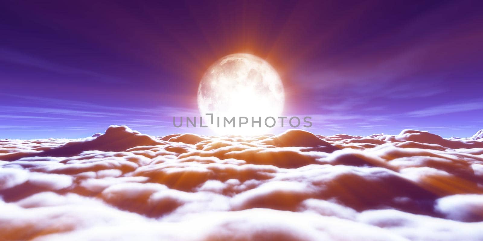 above clouds full moon illustration, 3d rendering