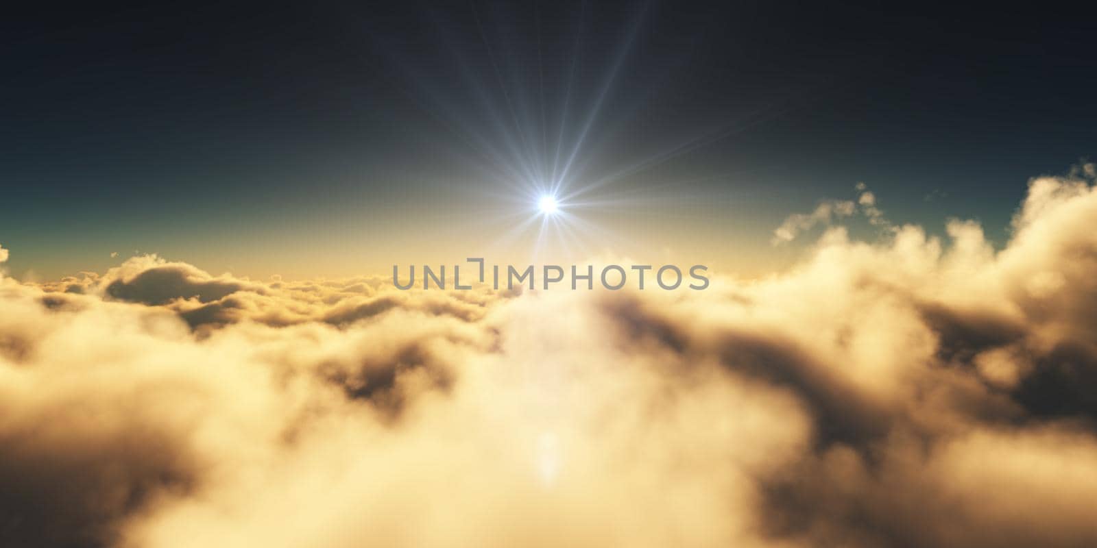 above clouds sunrise sun ray illustration, 3d rendering