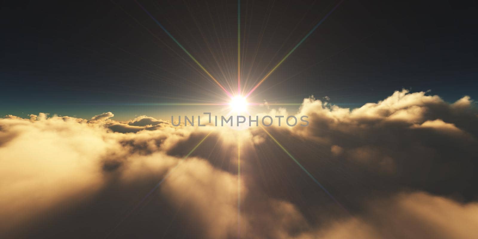 above clouds sunrise sun ray illustration, 3d rendering