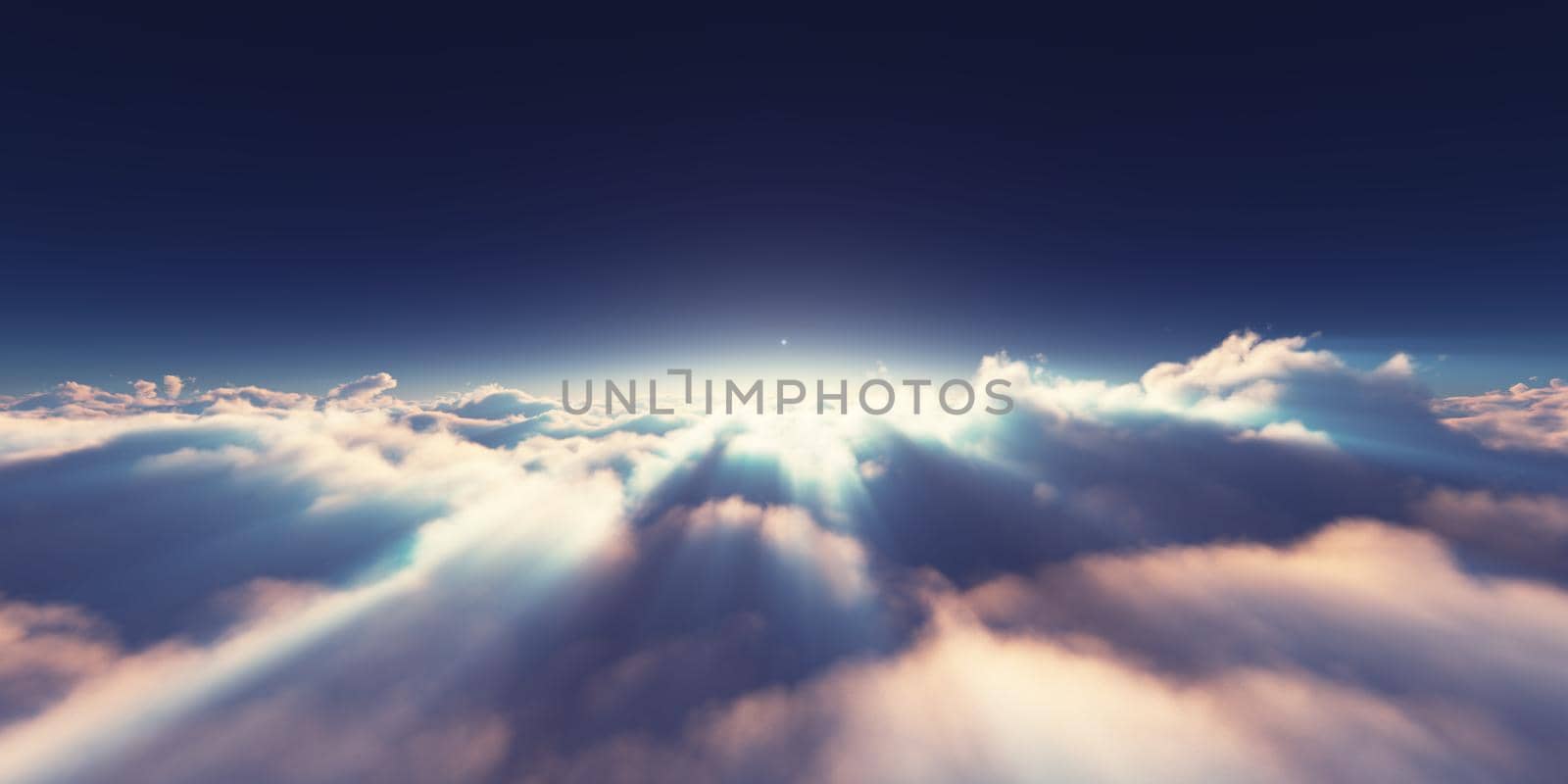 above clouds sunrise sun ray illustration, 3d rendering