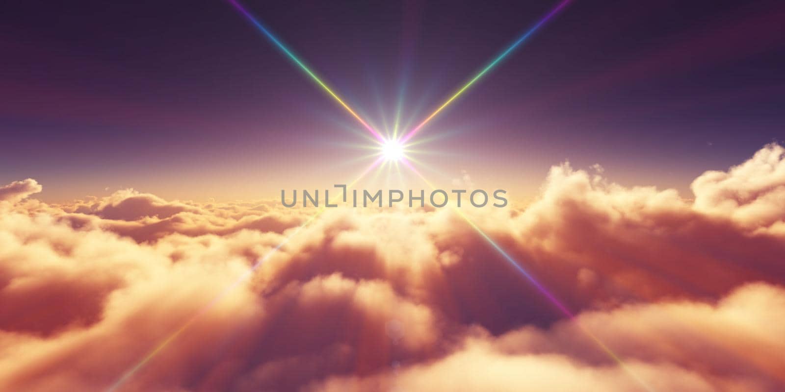 above clouds sunrise sun ray illustration, 3d rendering