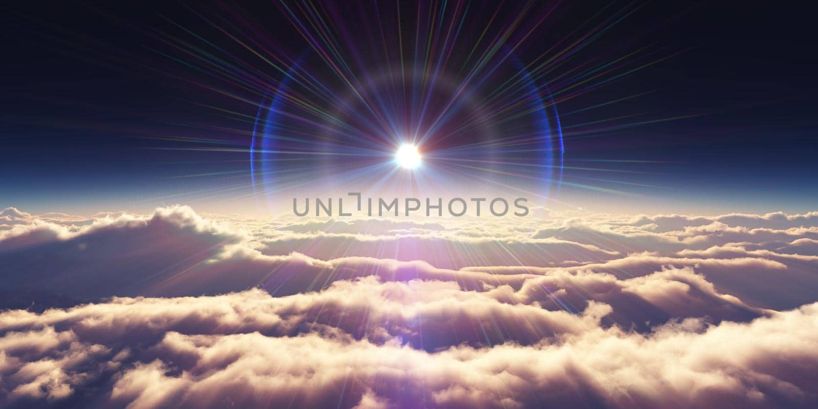 above clouds sunrise sun ray illustration, 3d rendering