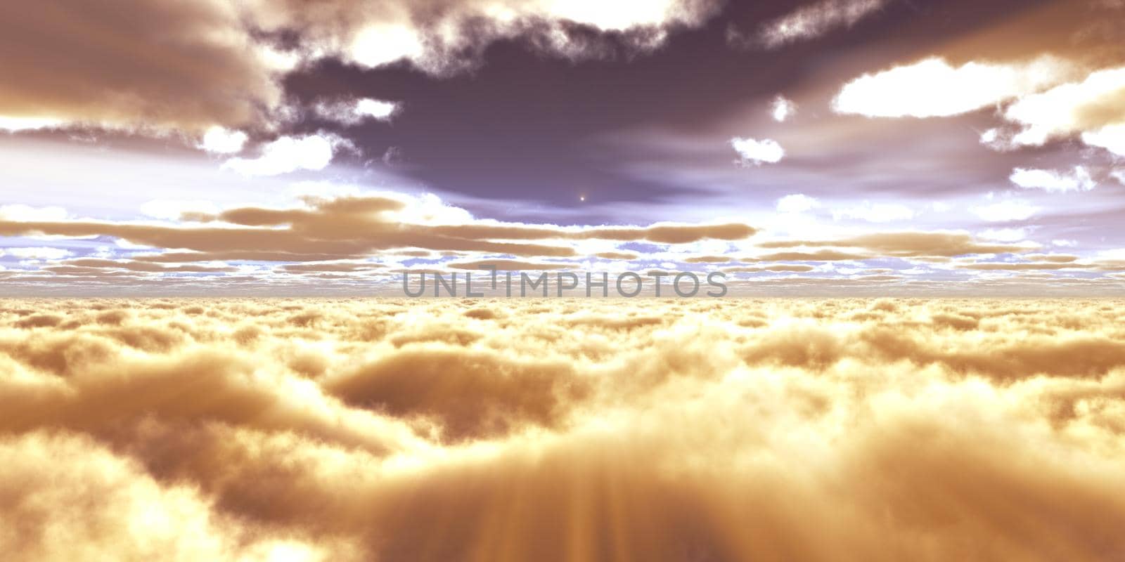 above clouds fly sunset sun ray illustration, 3d render