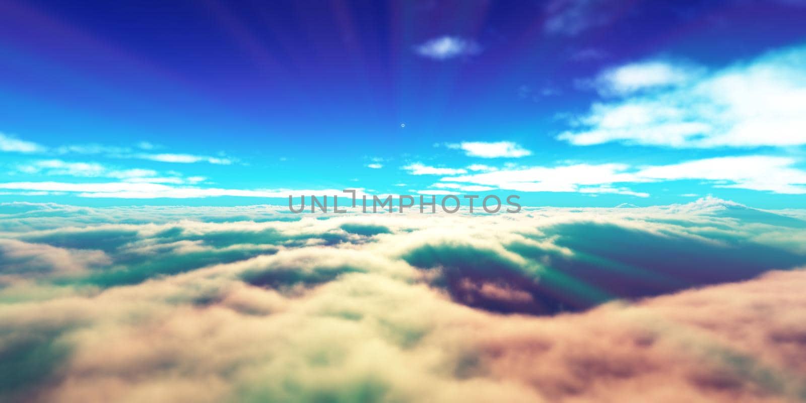 above clouds fly sunset sun ray illustration, 3d render