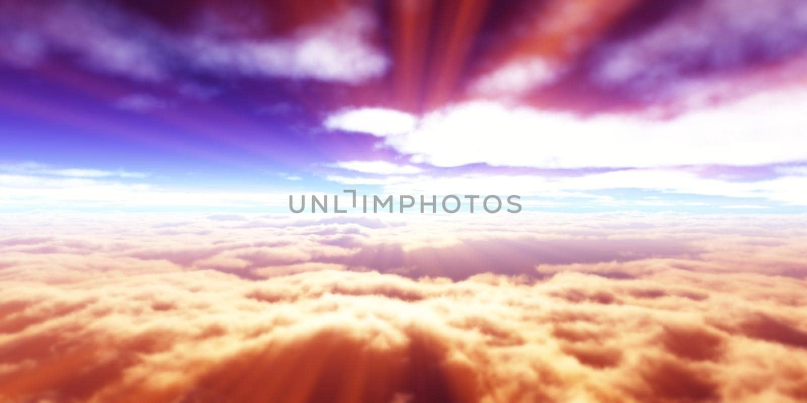 above clouds fly sunset sun ray illustration, 3d render