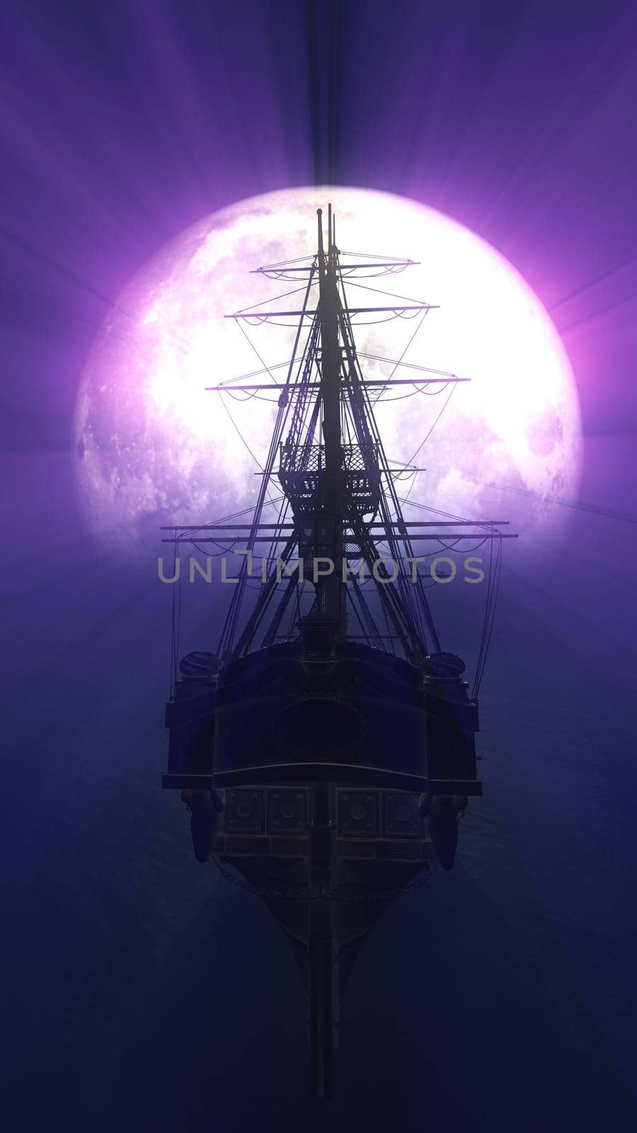 old ship in sea full moon illustration by alex_nako