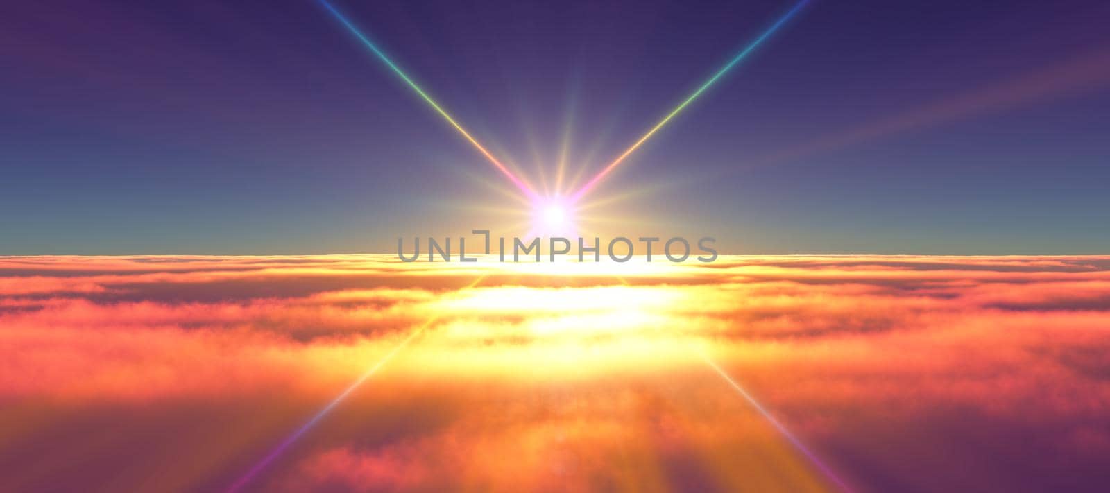 above clouds fly sunset sun ray illustration, 3d render