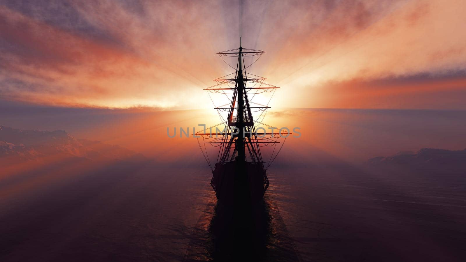 old ship sunset at sea 3d rendering by alex_nako