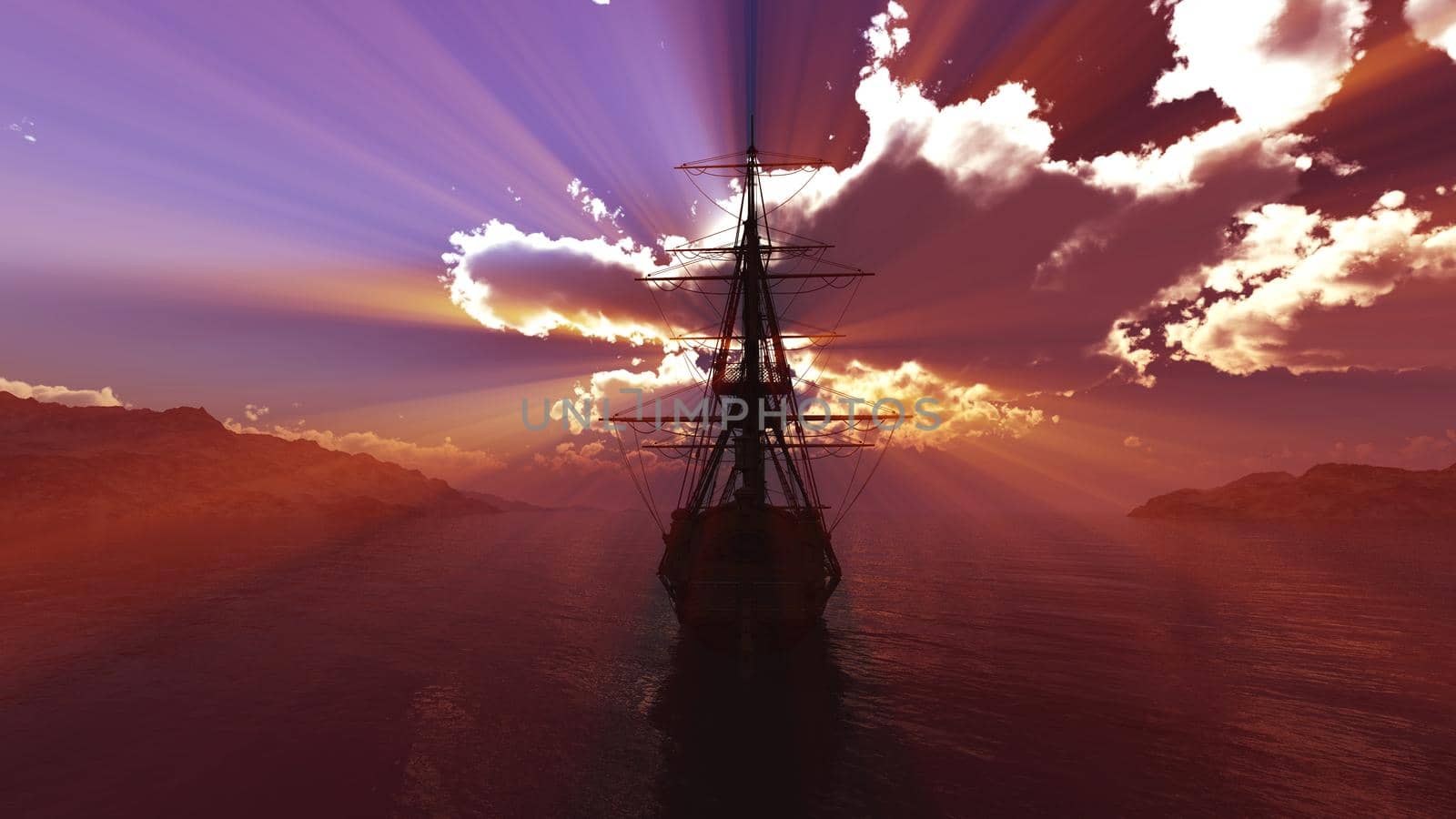 old ship sunset at sea illustration 3d rendering