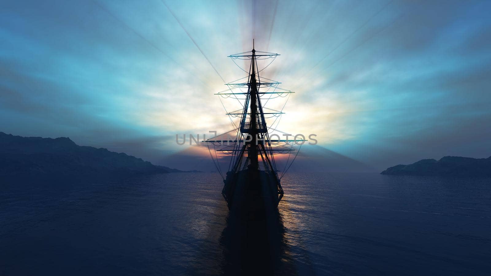 old ship sunset at sea 3d rendering by alex_nako