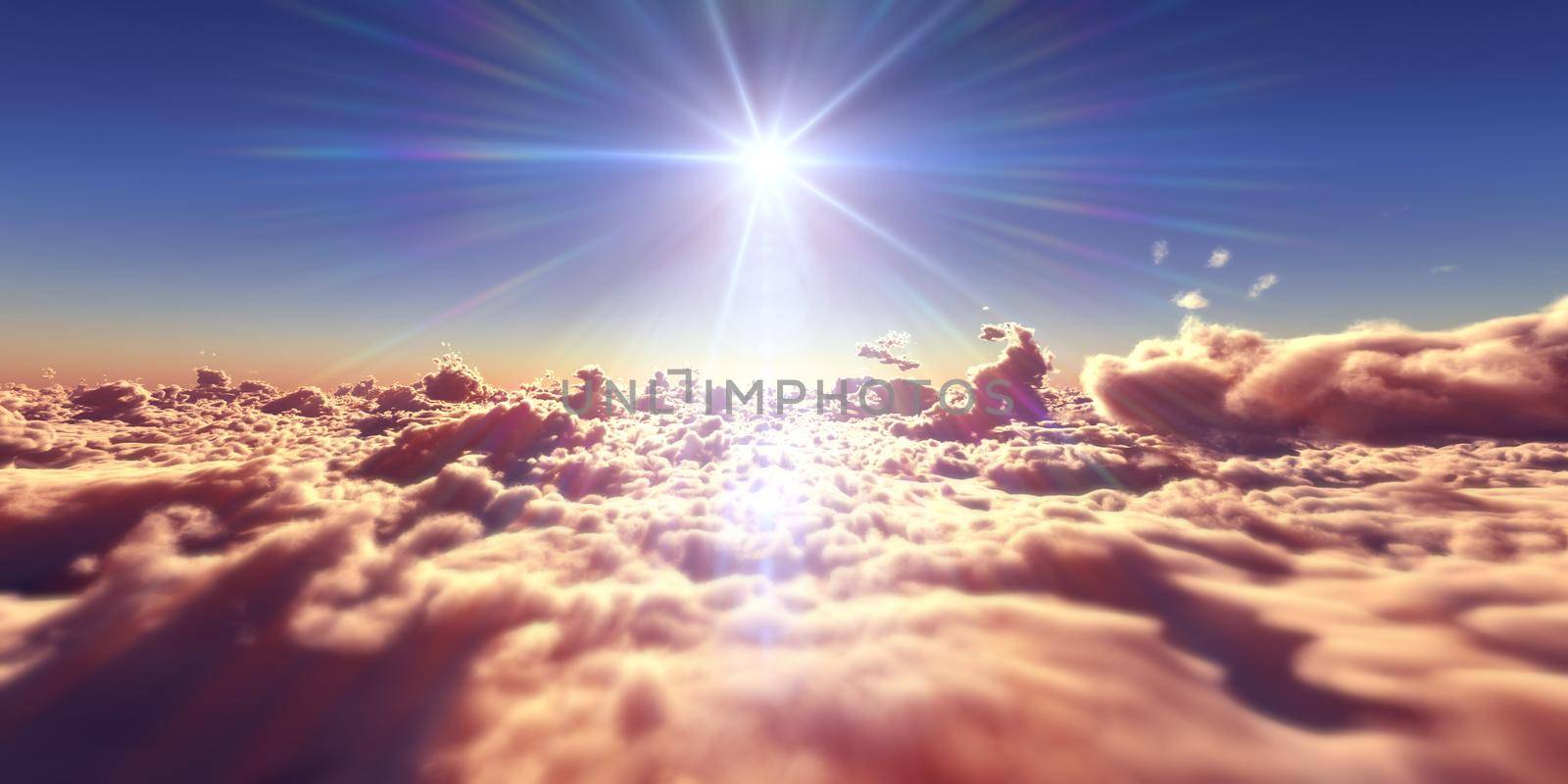 fly above clouds sunset landscape, 3d render illustration