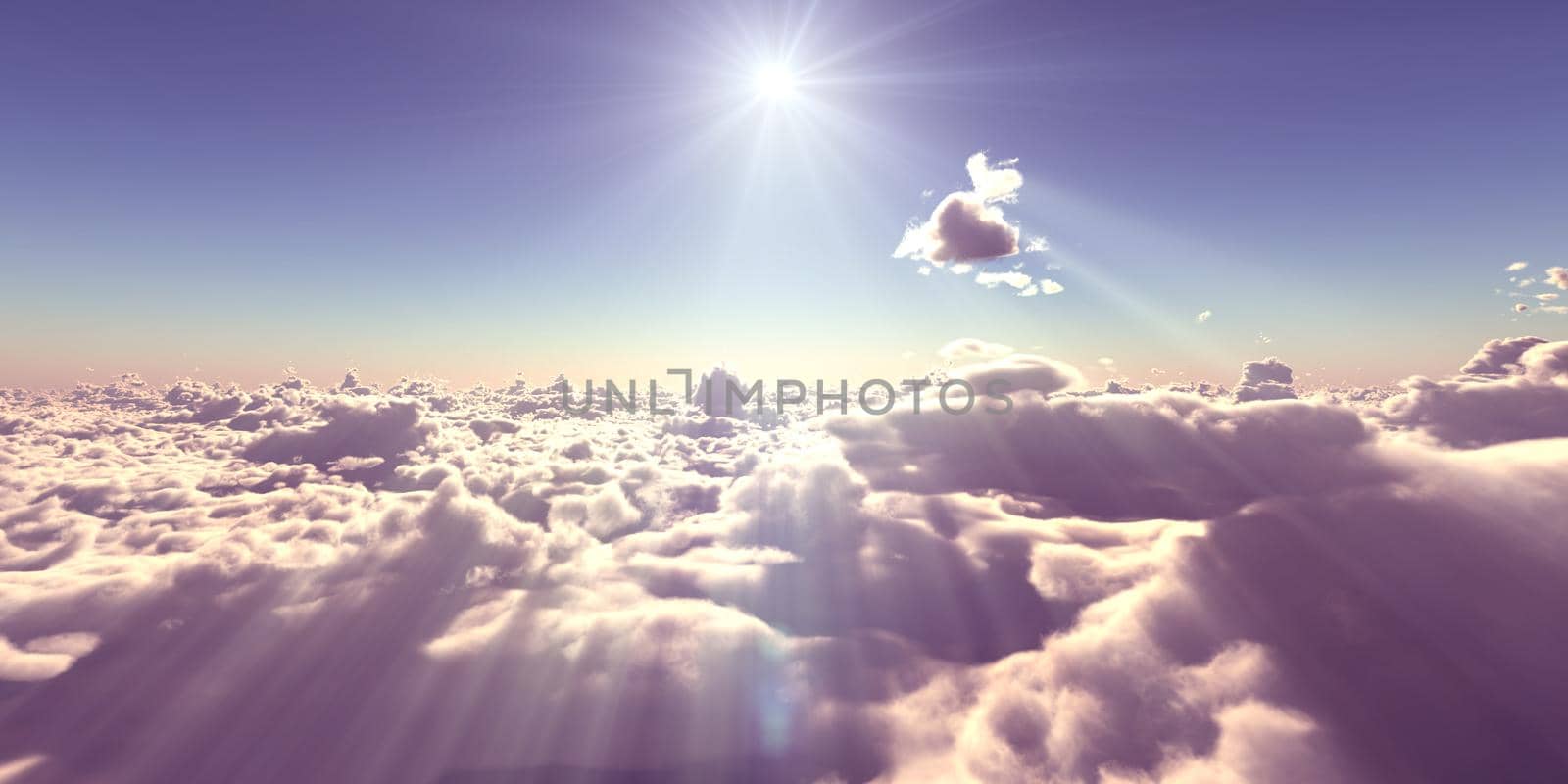 fly above clouds sunset landscape, 3d render illustration