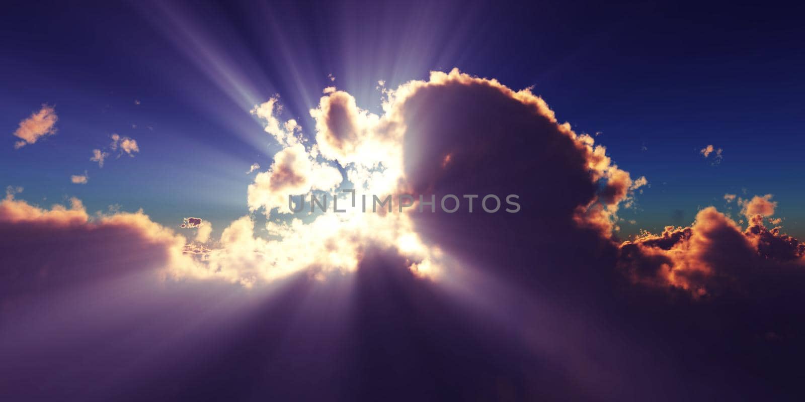 above clouds sun ray sunset. 3d render illustration