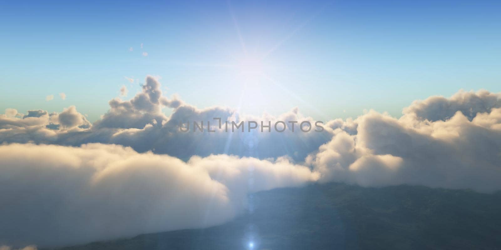 Beautiful aerial view above clouds with sunset. 3d illustration by alex_nako