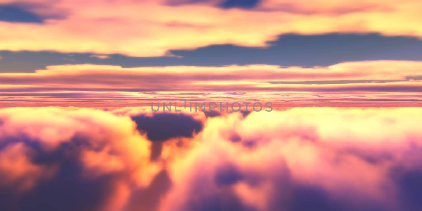 Beautiful aerial view above clouds with sunset. 3d illustration by alex_nako