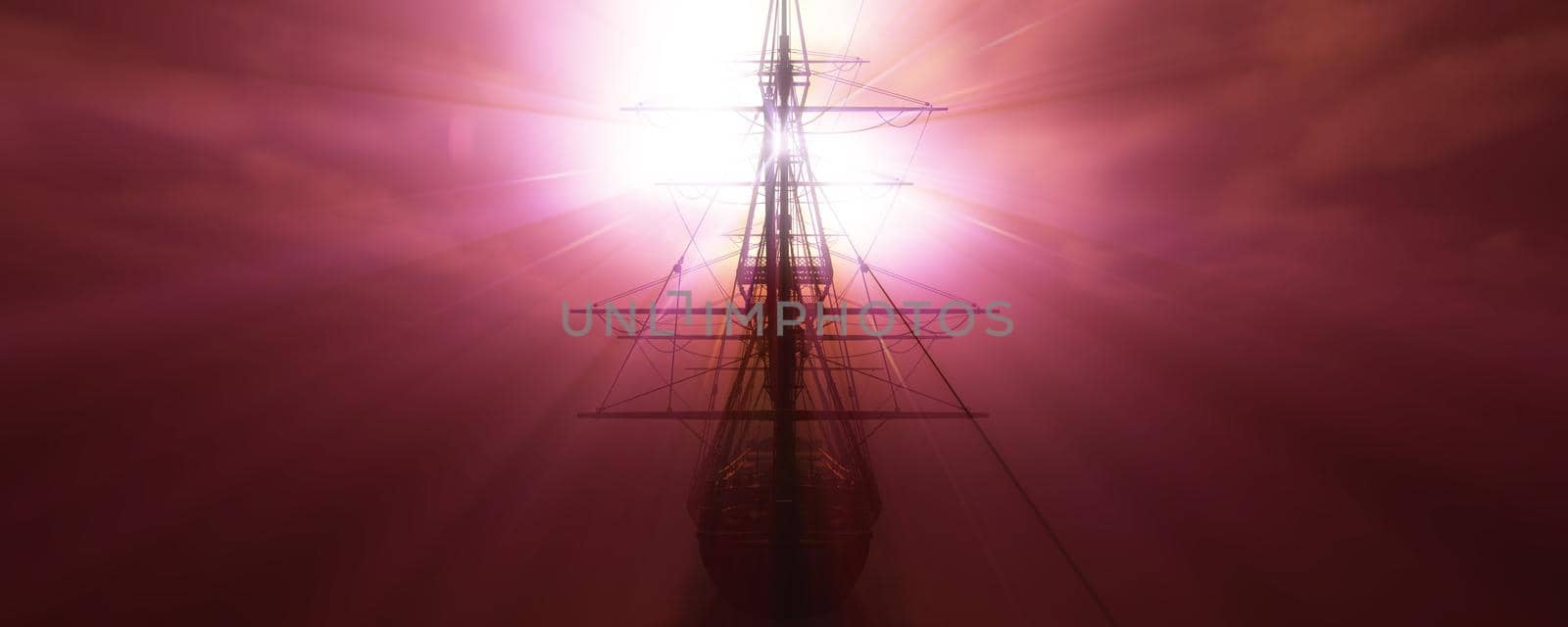 old ship sunset at sea 3d rendering illustration