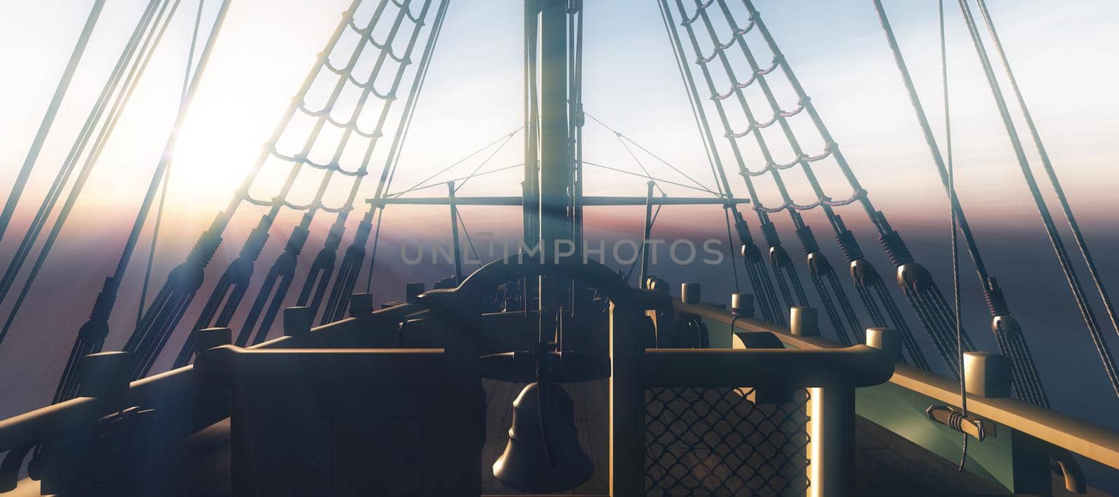 old ship sunset at sea 3d rendering illustration