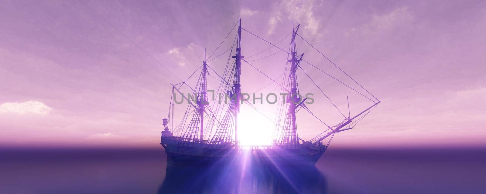 old ship sunset at sea 3d rendering illustration