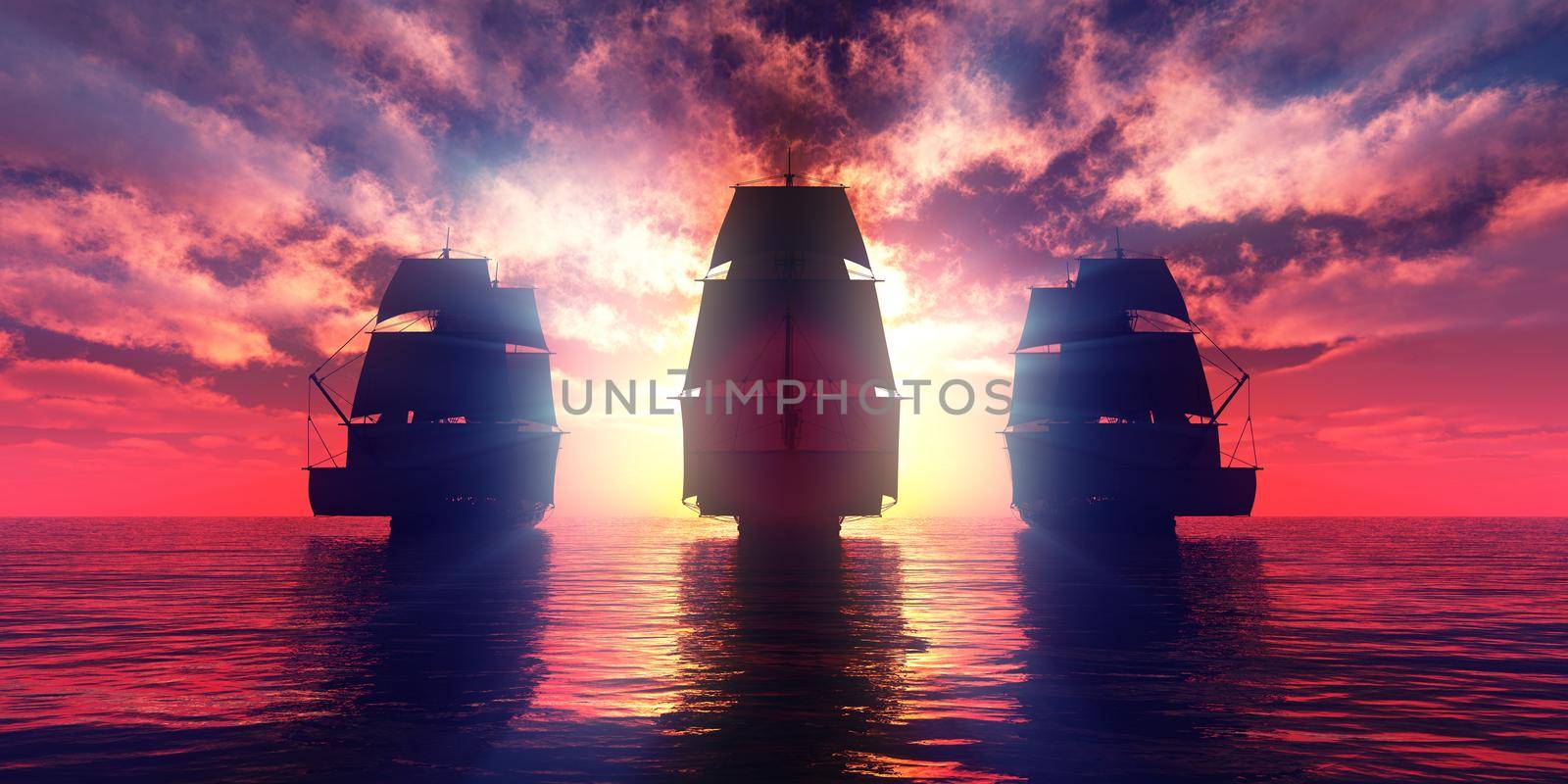 old three ships sunset at sea, 3d rendering by alex_nako