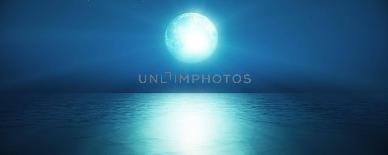 full moon in the sky background reflection in the sea ocean water. 3D render illustration