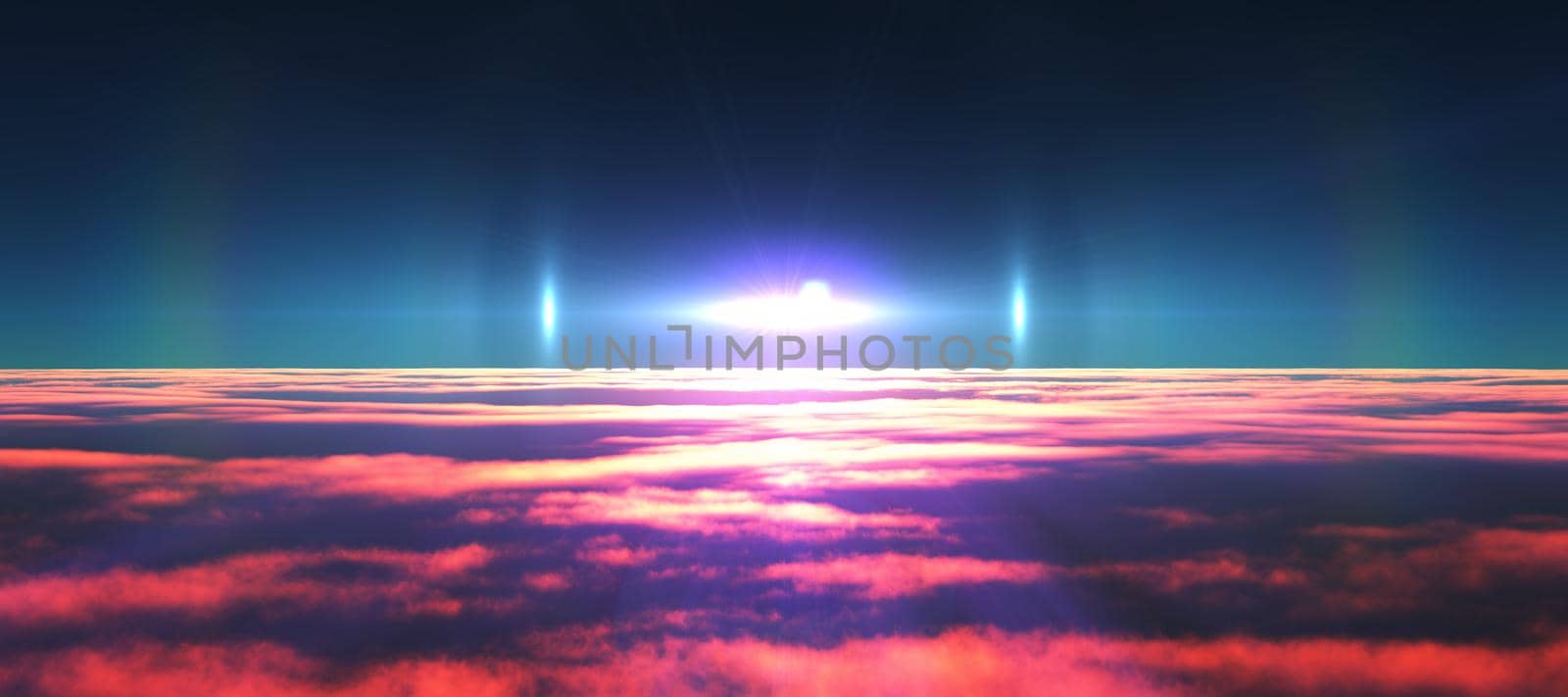 above clouds fly sunset sun ray illustration, 3d render