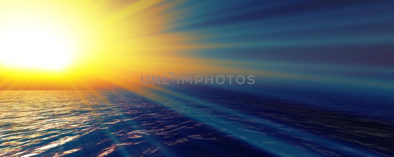 sunset sea sun ray clear sky, 3d rendering illustration