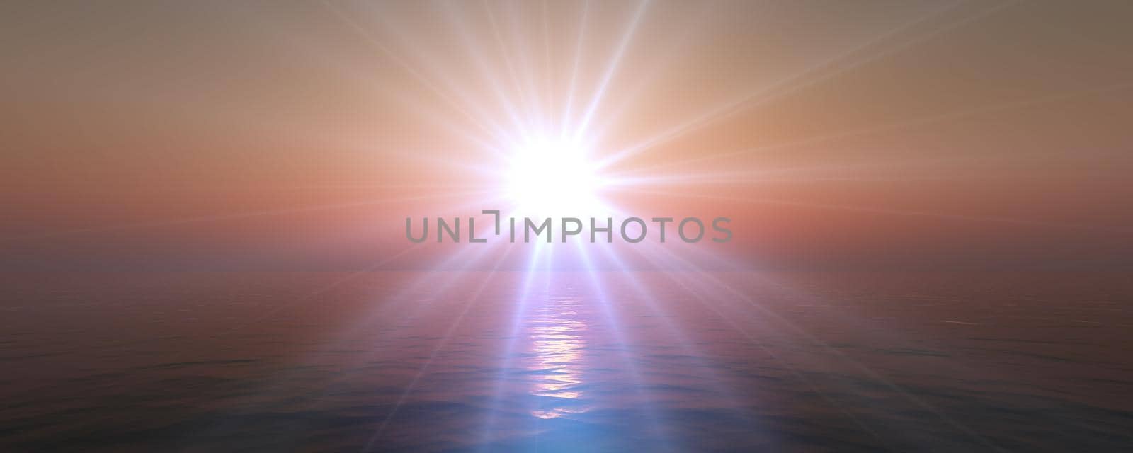 sunset sea sun ray clear sky, 3d rendering illustration