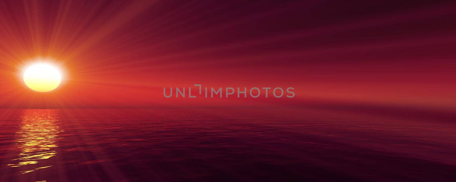 sunset sea sun ray clear sky, 3d rendering illustration