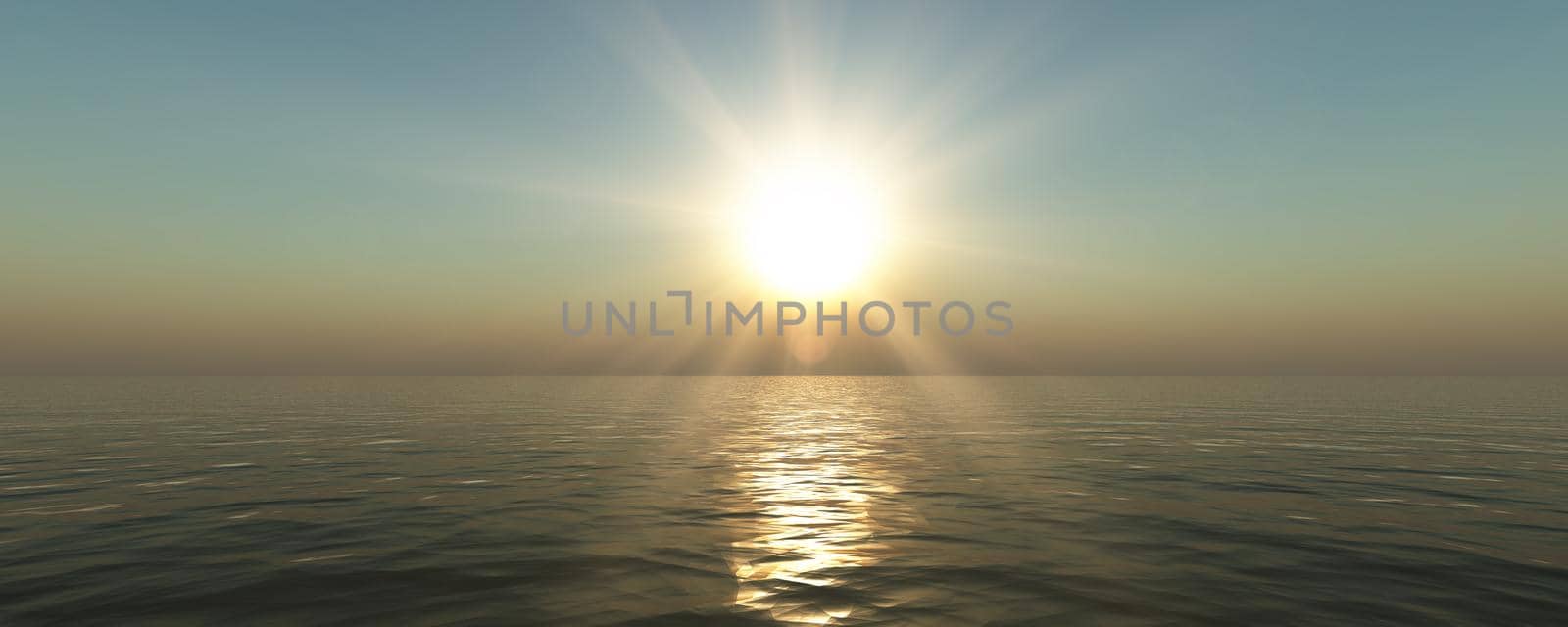 sunset sea sun ray clear sky, 3d rendering illustration