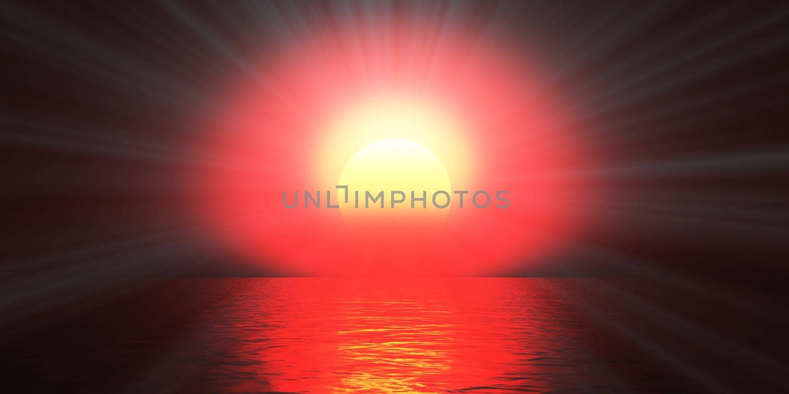 sunset sea sun ray clear sky, 3d rendering illustration