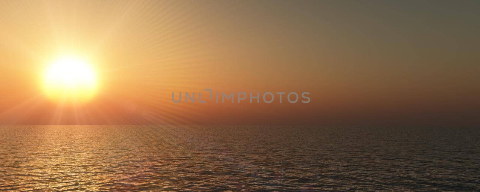 sunset sea sun ray clear sky, 3d rendering illustration