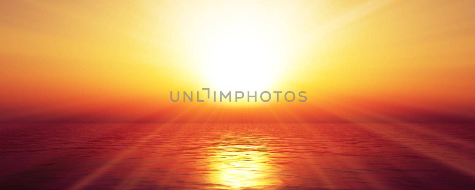 sunset sea sun ray clear sky, 3d rendering illustration