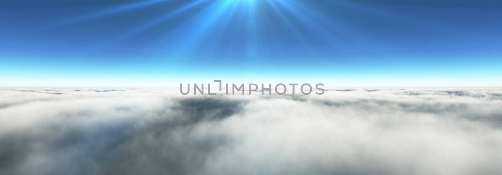 Above clouds sun ray, 3d rendering illustration