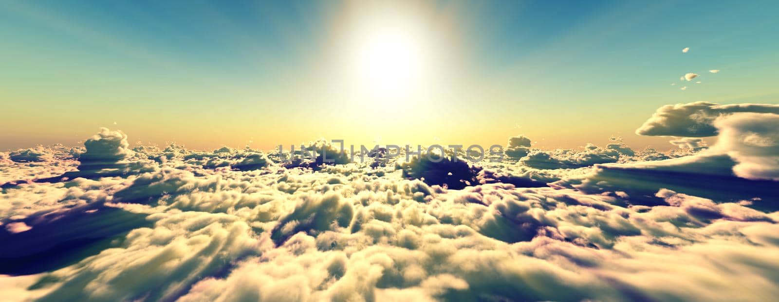 above clouds fly sunset sun ray illustration, 3d render