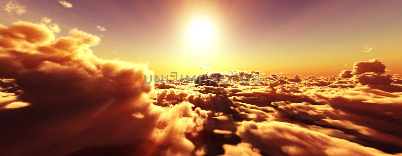 above clouds fly sunset sun ray illustration, 3d render